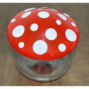 Red Clear Polka Dot Glass Mushroom Jar Canister w/ Plastic seal Retro 5"